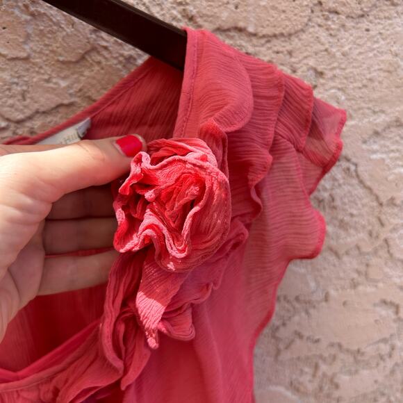 Garnet Hill Women’s Ruffle Blouse Coral Red Sleeveless w/ Attached Cami Size 10 - Picture 3 of 5